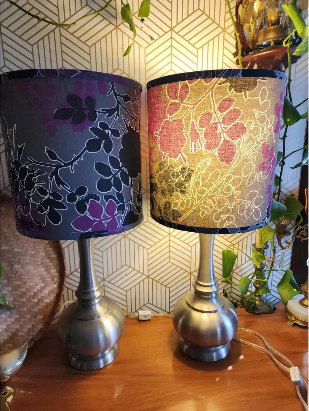 Vintage Early 2000s Brushed Chrome Lamps With Black And Purple Floral Shades